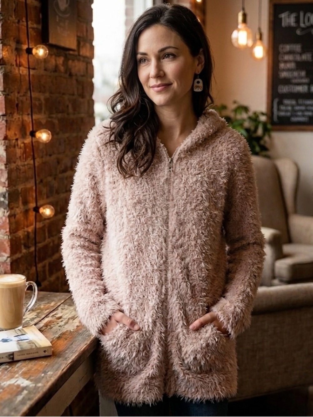 Coffee Shop Kids - Cozy Fuzzy Pink Hoodie - Girls’ Large / Women’s Small